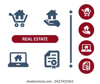 Real estate icons. House, home, buy, shopping cart, hand, realtor, home owner, laptop, smart home, mortgage, contract icon. Professional, 32x32 pixel perfect vector icon.