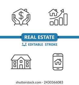 Real Estate Icons. House, Home, Hands, Dollar, Price, Graph, Mansion, Smartphone Icon. Professional, 32x32 pixel perfect vector icon. Editable Stroke