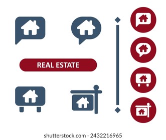 Real estate icons. House, home, chat bubble, speech bubbles, sign, real estate signs, for sale, for rent icon. Professional, 32x32 pixel perfect vector icon.