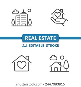 Real Estate Icons. House, Home, City, Apartment Building, Hand, Dream Home, Town Icon. Professional, 32x32 pixel perfect vector icon. Editable Stroke