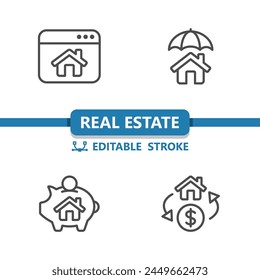 Real Estate Icons. House, Home, Website, Umbrells, Insurance, Piggybank, Price, Coin Icon. Professional, 32x32 pixel perfect vector icon. Editable Stroke