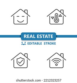 Real Estate Icons. House, Houses, Building, Smile, Temperature, Insurance, WiFi Icon. Professional, 32x32 pixel perfect vector icon. Editable Stroke