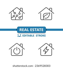 Real Estate Icons. House, Houses, Building, Smart Home, Leaf, Power Button, Electricity Icon. Professional, 32x32 pixel perfect vector icon. Editable Stroke