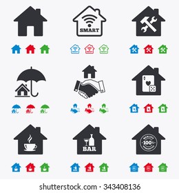 Real estate icons. House insurance, broker and casino with bar signs. Handshake deal, coffee and smart house symbols. Flat black, red, blue and green icons.