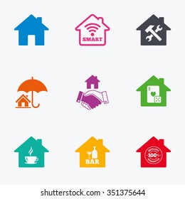 Real estate icons. House insurance, broker and casino with bar signs. Handshake deal, coffee and smart house symbols. Flat colored graphic icons.