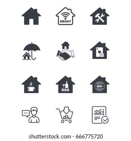 Real Estate Icons. House Insurance, Broker And Casino With Bar Signs. Handshake Deal, Coffee And Smart House Symbols. Customer Service, Shopping Cart And Report Line Signs. Vector