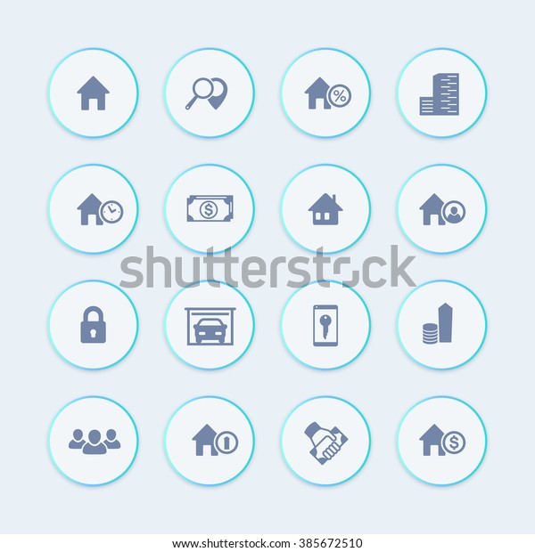 Real\
estate icons, house sale, apartments, search, homes for rent, real\
estate pictograms, round icons, vector\
illustration