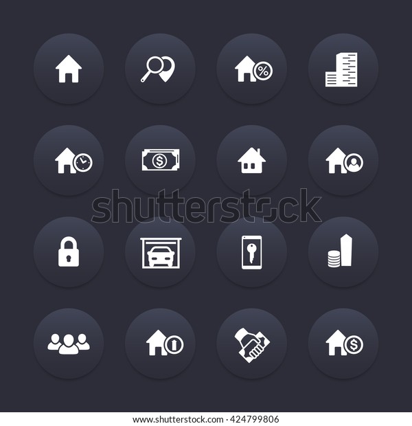 Real estate icons, house sale, apartments,\
search, houses for rent, real estate pictograms, round dark icons\
set, vector illustration