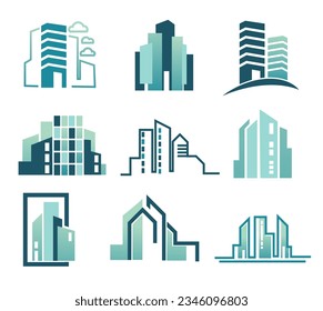real estate icons, isolated buildings new constructions with apartments for people to live. Houses and dwellings, accommodations and business centers with offices for employees. Vector in flat style