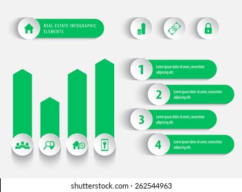 Real estate icons, labels, tags for business design, reports, infographics, presentation, websites in green, vector illustration,eps10, easy to edit