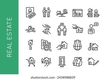 Real estate icons. Large set of trendy minimal icons covering various aspects of real estate transactions and property management. Includes house, handshake, sold sign, family. Vector illustration