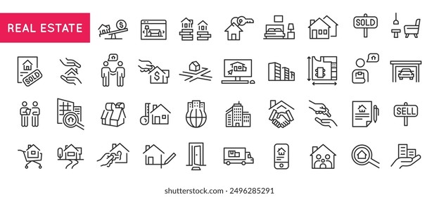 Immobiliensymbole. Große Reihe von Immobilien trendige minimale Symbole. Beispiel: Verkauft Zeichen, Haus, Schlüssel, Agent, Eigenschaft Symbol. Designschilder für Webseite, mobile App, Verpackungsdesign. Vektorgrafik.