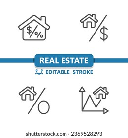 Real Estate Icons. Mortgage, House, Home, Percent Icon. Professional, 32x32 pixel perfect vector icon. Editable Stroke