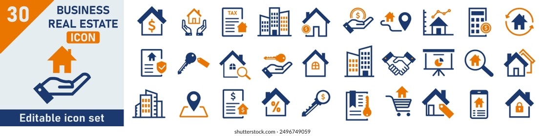 Real estate icons Pixel perfect. Map icon set. Set of 30 outline icons related to house, apartment, hotel, lock, housing. Linear icon collection. Real estate outline icons collection. Editable stroke.