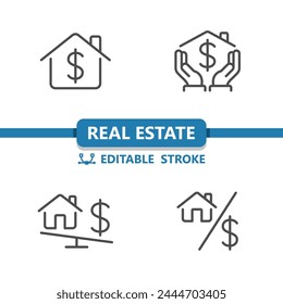 Real Estate Icons. Price, Dollar, House, Home Icon. Professional, 32x32 pixel perfect vector icon. Editable Stroke