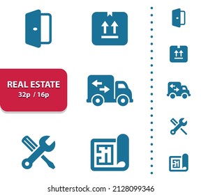 Real Estate Icons. Professional, pixel perfect icons, EPS 10 format, optimized for 32p and 16p (4x magnification for preview).
