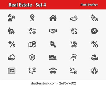 Real Estate Icons. Professional, pixel perfect icons optimized for both large and small resolutions. EPS 8 format.