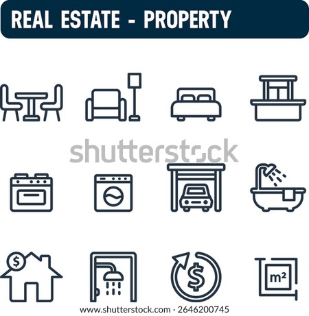 Real estate icons. Property vector set. Outline icon design. Rooms and house for sale.