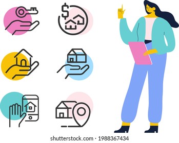 Real estate icons. Realtor, agent. Vector line icon set.