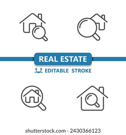 Real Estate Icons. Search, Find, House, Home, Magnifier, Magnifying Glass Icon. Professional, 32x32 pixel perfect vector icon. Editable Stroke