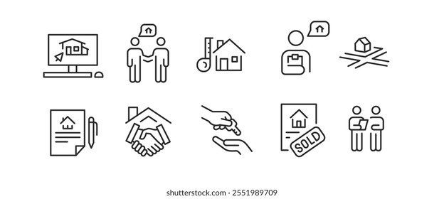 Real estate icons. Set of 10 trendy minimal icons related to property and housing. Features house, handshake, sold sign, contract, moving truck, and pet-friendly icon. Vector illustration 