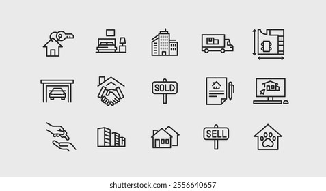 Real estate icons. Set of 15 trendy minimal icons related to property and housing. Features house, handshake, sold sign, contract, moving truck, and pet-friendly icon. Vector illustration 