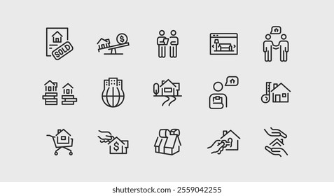 Real estate icons. Set of 15 trendy minimal icons related to property and housing. Features house, handshake, sold sign, contract, moving truck, and pet-friendly icon. Vector illustration 