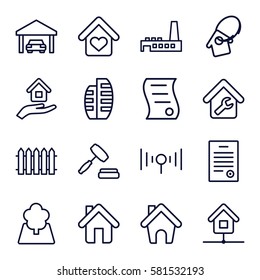 Real Estate icons set. Set of 16 Real Estate outline icons such as home, home repair, tree, fence, builidng, factory, auction, bill of house sell, house insurance, garage