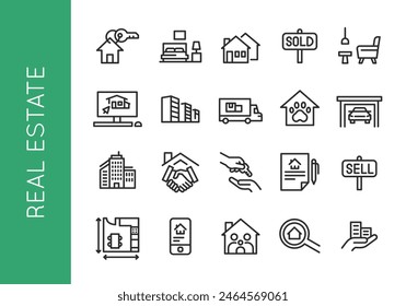 Real estate icons. Set of 20 trendy minimal icons related to property and housing. Features house, handshake, sold sign, contract, moving truck, and pet-friendly icon. Vector illustration 