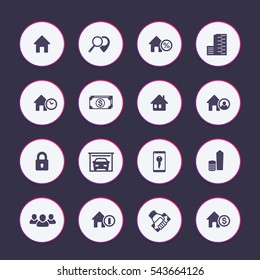 Real estate icons set, apartments, houses for rent, building, renting, lodging, booking, vector illustration