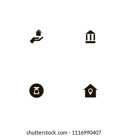 Real Estate icons set. building, scales on black, bank and scales