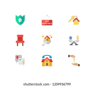 Real estate icons set. Dream home and real estate icons with deal, real estate and chair. Set of talk for web app logo UI design.
