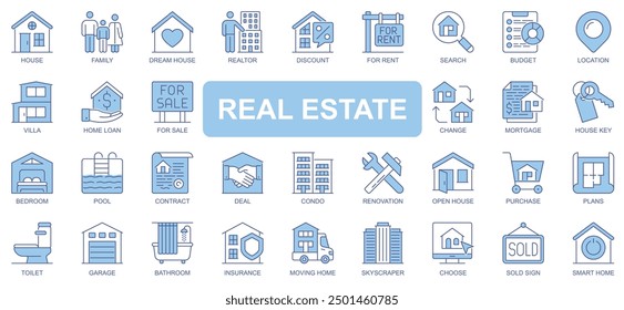 Real estate icons set in duotone outline stroke design for web. Pack pictograms of house, family, realtor, discount, rent, location, villa, home, loan, chance, mortgage, other. Vector illustration.