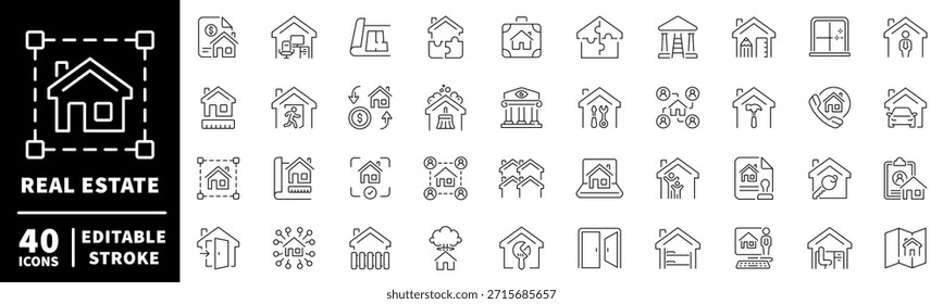Conjunto de iconos de bienes raíces: iconos de línea editables. casa, propiedad, símbolos de estilo de contorno