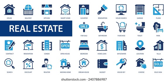 Real estate icons set. Set Real estate flat icons collection. Rent, building, agent, house, auction, realtor, property, mortgage, home and more.