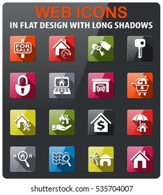 real estate icons set in flat design with long shadow