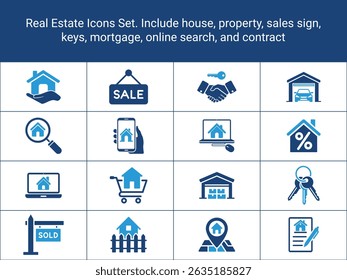 Real Estate Icons Set. Include house, property, sales sign, keys, mortgage, online search, and contract. Real Estate Solid Icons. Real Estate Icons