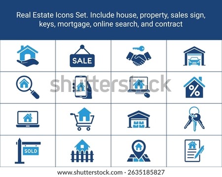 Real Estate Icons Set. Include house, property, sales sign, keys, mortgage, online search, and contract. Real Estate Solid Icons. Real Estate Icons