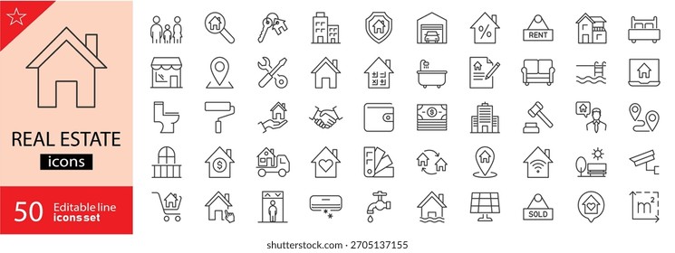 Conjunto de iconos de bienes raíces. Incluye símbolos de casas, edificios, ventas de propiedades, pines de ubicación, alquiler, hipotecas y construcción. Trazo editable. Ilustración vectorial. Iconos de contorno. 