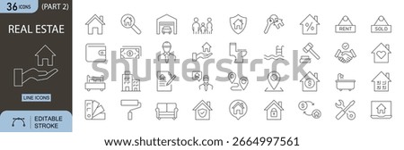 Real estate icons set. Includes icons for houses, apartments, buildings, property sale, rent, location, blueprint, keys, and mortgage concepts. Editable stroke. Line icons. Perfect for infographics.

