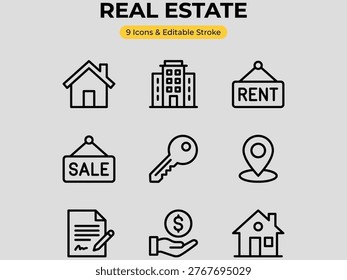 Real estate icons set including house building sale rent key location document money