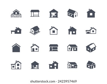 Real estate icons set. Investments and trading, deals with houses. Cottage and townhouse, building silhouettes and home. Cartoon flat vector collection isolated on white background