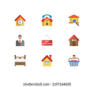 Real estate icons set. Leased and real estate icons with inspection, house not available and bed. Set of motel for web app logo UI design.