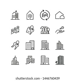 Real Estate Icons. Set Of Line Icons. Apartment Houses, Big City, House. Immovable Property Concept. Vector Illustration Can Be Used For Topics Like Urban Construction, Town Planning