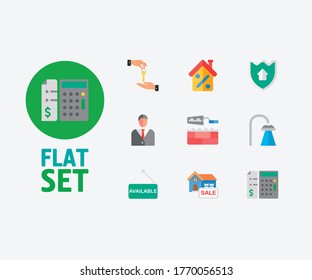 Real estate icons set. Price calculation and real estate icons with agent, house for sale and deal. Set of green for web app logo UI design.