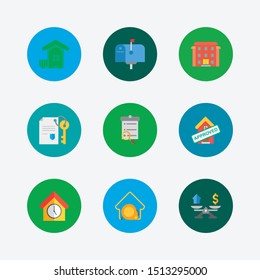 Real estate icons set. Residential area and real estate icons with home loan approved, search listing and property paper. Set of analysis for web app logo UI design