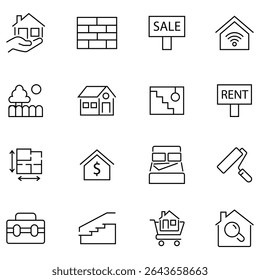 Real estate icons set showcasing various property. Included icons such as property, rental premises, insurance, realty, home loan, mortgage and more. Vector illustration in modern thin line style.