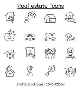 Iconos inmobiliarios ajustados en estilo de línea delgada