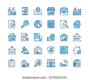 Real estate icons set. Vector line icons. Blue color outline stroke symbols. Modern concepts