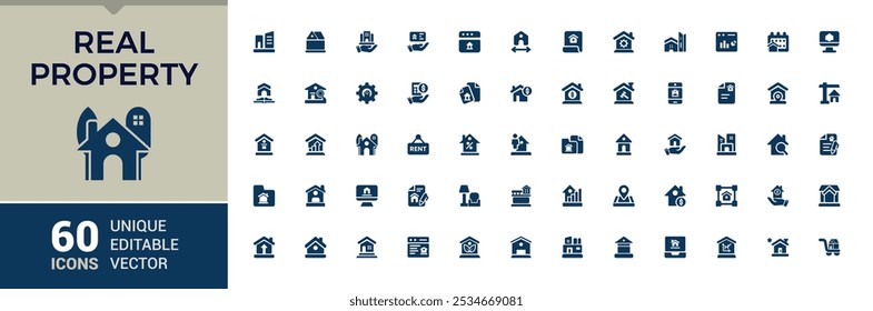 Ícones imobiliários em estilo sólido. Contém ícones como patrimônio, propriedade imobiliária, imóveis, ativos de terrenos, desenvolvimento de terrenos e muito mais. Pacote de ícones de estilo preenchido fino. Sinal editável dos ícones de vetor.